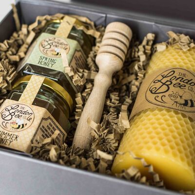 Vela mediana de cera de abejas y caja de regalo de miel