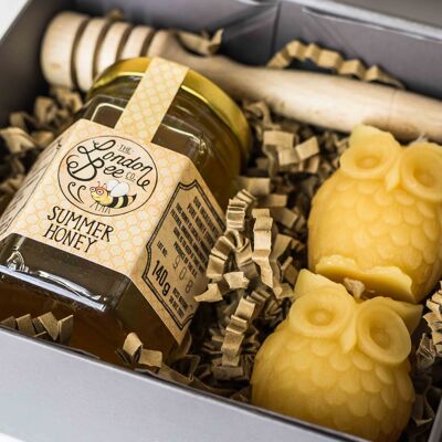Vela pequeña de cera de abejas y caja de regalo de miel - Búhos