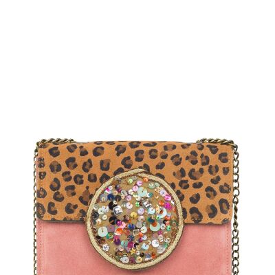 Pochette quadrata piccola Phoenix in pelle patchwork di paillettes