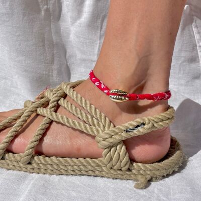 Bracelet Cheville Bandana & Coquillage Doré - Rouge