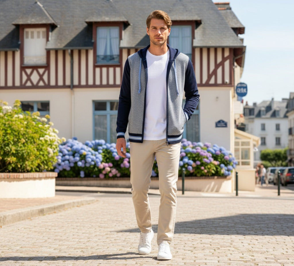 Hooded Cottom Cashmere Sweater in birdseye stitch Deauville