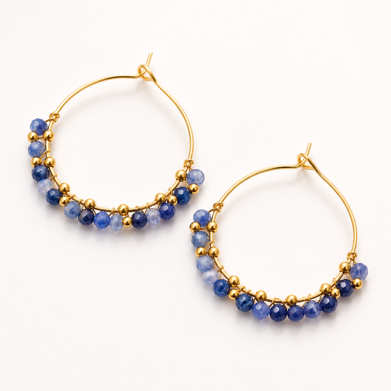 Gold-plated stainless steel hoop earrings – sodalite and gold beads