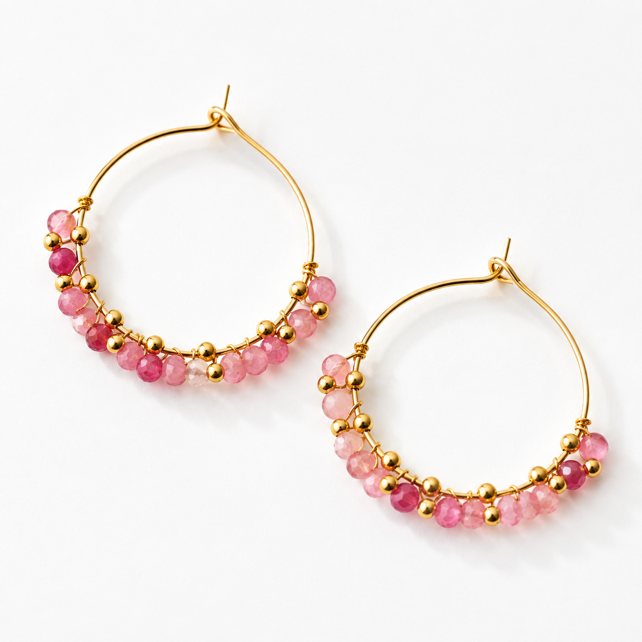Gold-tone stainless steel hoop earrings with pink tourmaline and gold pearls