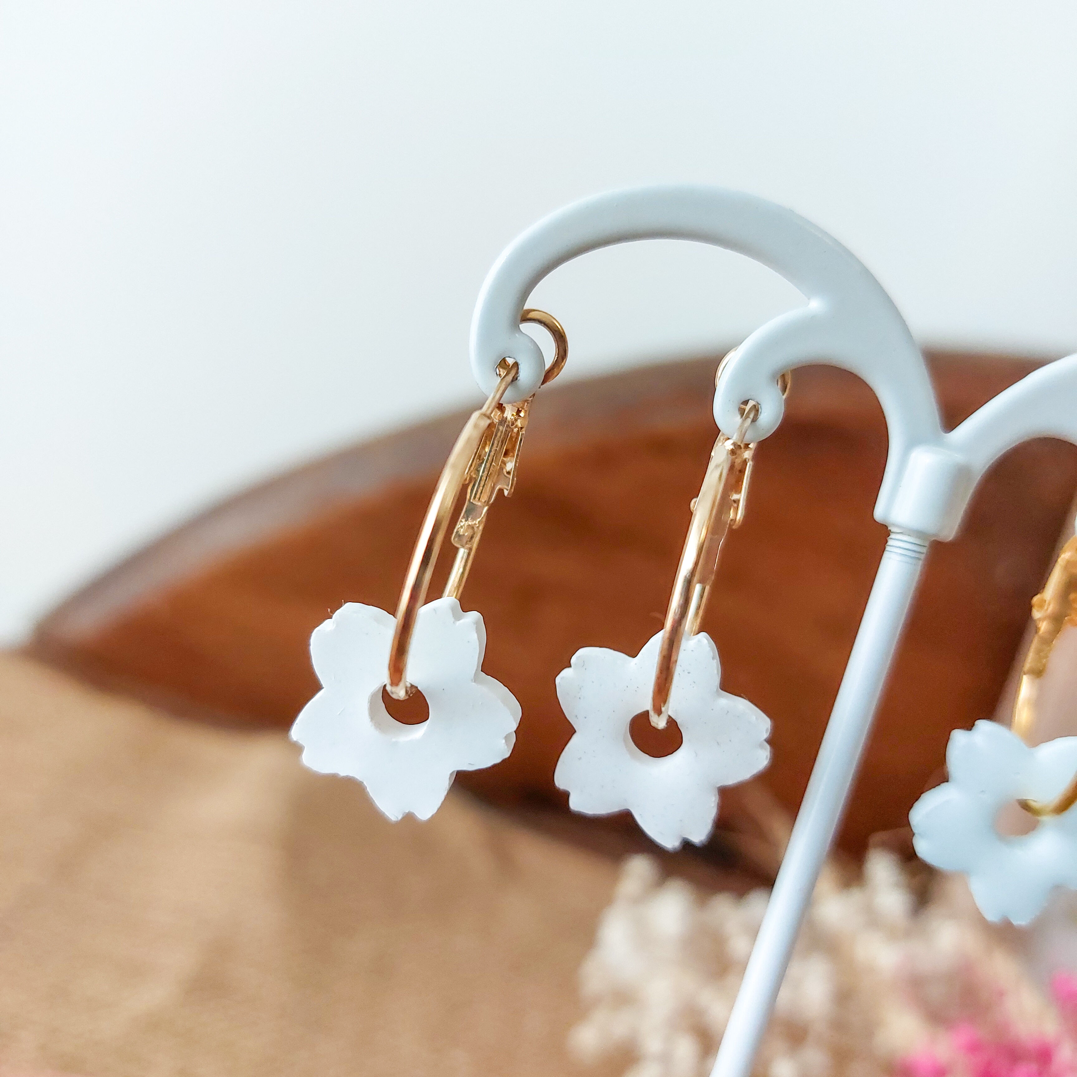 Ceramic flower hoop earrings – Handmade floral jewelry – Gold or silver hoops – White, powder pink, sky blue