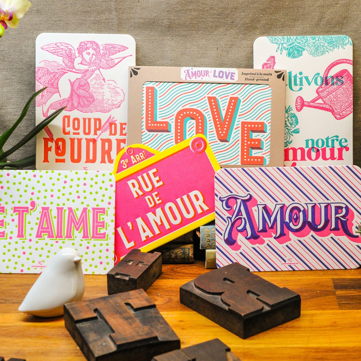 Coffret de 6 Cartes Letterpress Amour (avec enveloppes)