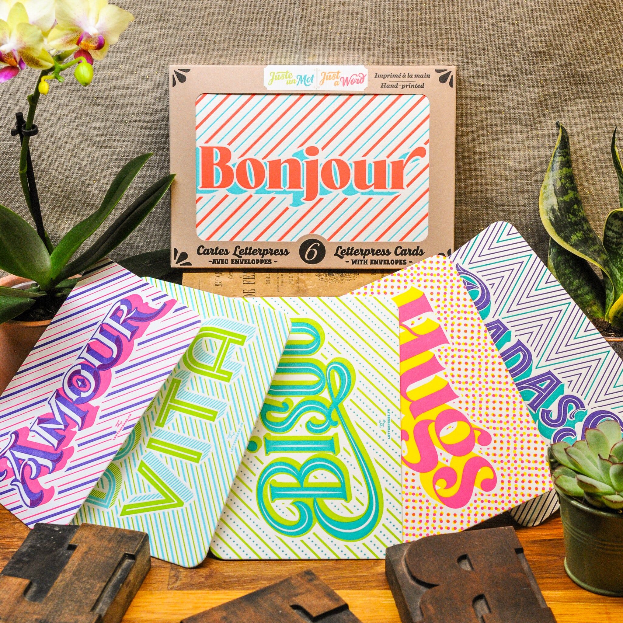 Coffret de 6 Cartes Letterpress Juste Un Mot (avec enveloppes)