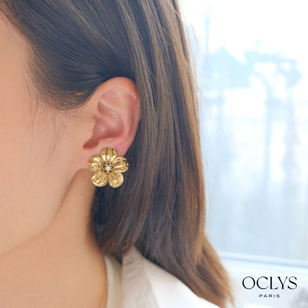 Muna Gold Stainless Steel Rhinestone Flower Clip-On Earrings