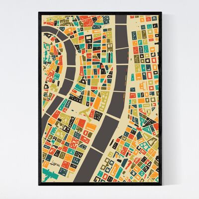 Mapa de la ciudad de Lyon - Mosaico - A3 - Póster enmarcado