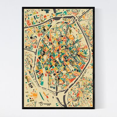 Mappa della città di Bruges - Mosaico - A3 - Poster con cornice