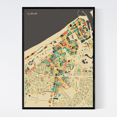 Oostende Stadtplan - Mosaik - A3 - Gerahmtes Poster