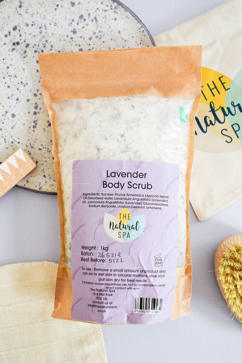 Lavender Body Scrub 1kg Bag - Vegan - Natural exfoliator with essential oils and apricot oil - Bulk refill pouch