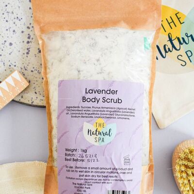 Lavendel-Körperpeeling, 1 kg-Beutel – vegan – natürliches Peeling mit ätherischen Ölen und Aprikosenöl – Nachfüllbeutel