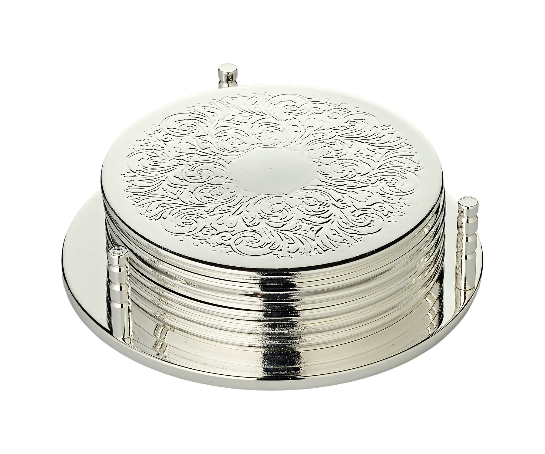 Set of 6 Bruges coasters, incl.Holder, elegantly silver-plated, tarnish-resistant (diameter 9 cm)