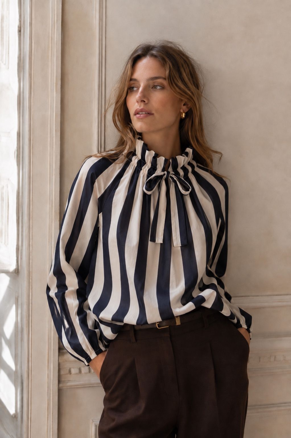 Blouse Rayée en Coton à Col Bardot et Noeud