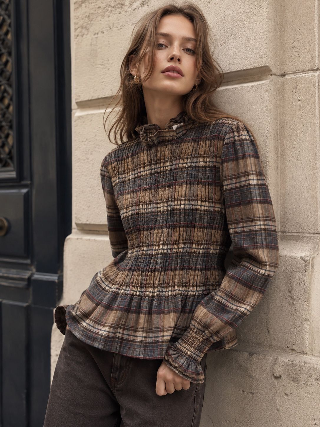 Blouse Épaisse À Carreaux Froncée à Col Montant