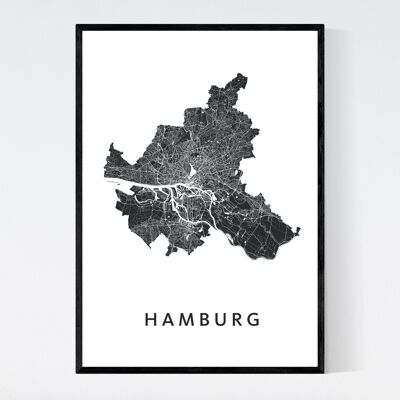 Mapa de la ciudad de Hamburgo - A3 - Póster enmarcado