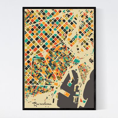 Barcelona Stadtplan - Mosaik - B2 - Gerahmtes Poster