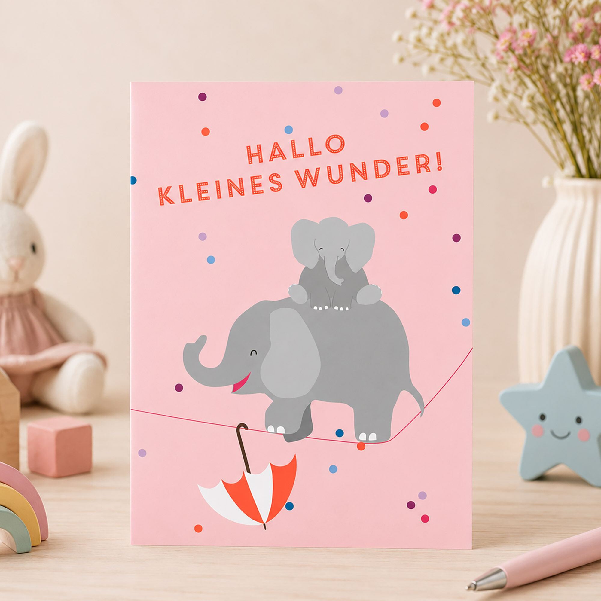 Biglietto di annuncio di nascita “Ciao piccolo miracolo” – Biglietto per bambina con elefanti