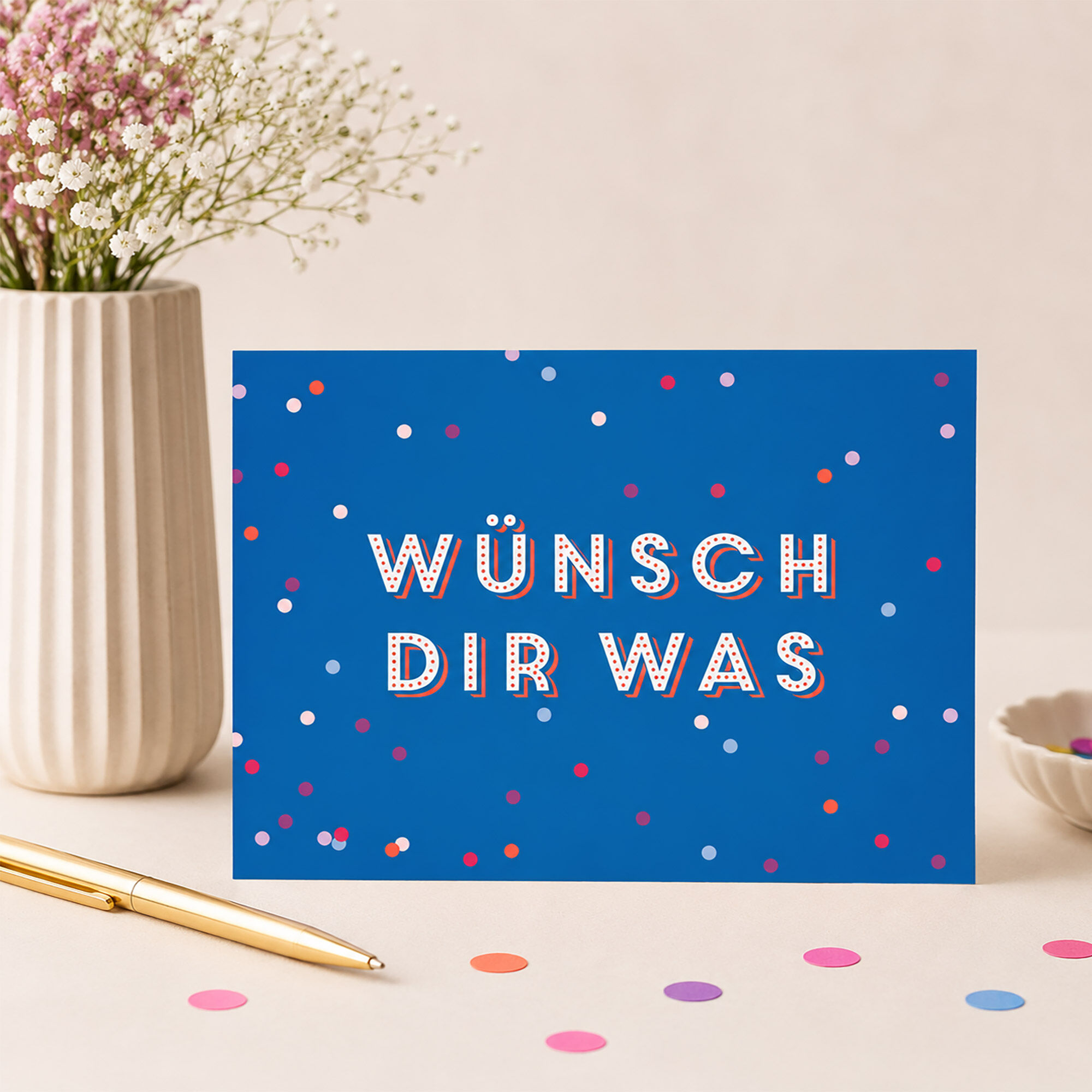 Tarjeta postal de cumpleaños “Pide un deseo”: tarjeta de cumpleaños moderna con confeti.