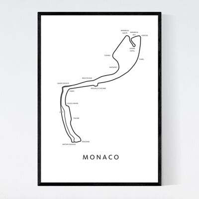 Mónaco - F1 - Mapa blanco - B2 - Póster enmarcado