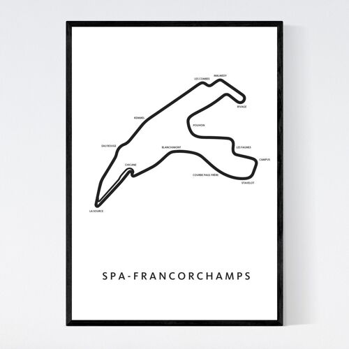 Spa Francorchamps - F1 - White Map - A3 - Framed Poster
