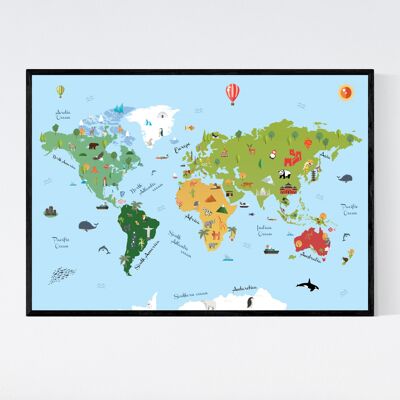 Mappa del mondo Mappa per bambini - B2 - Poster con cornice