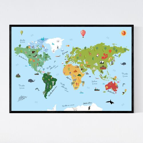 World Map Kids Map - A3 - Framed Poster