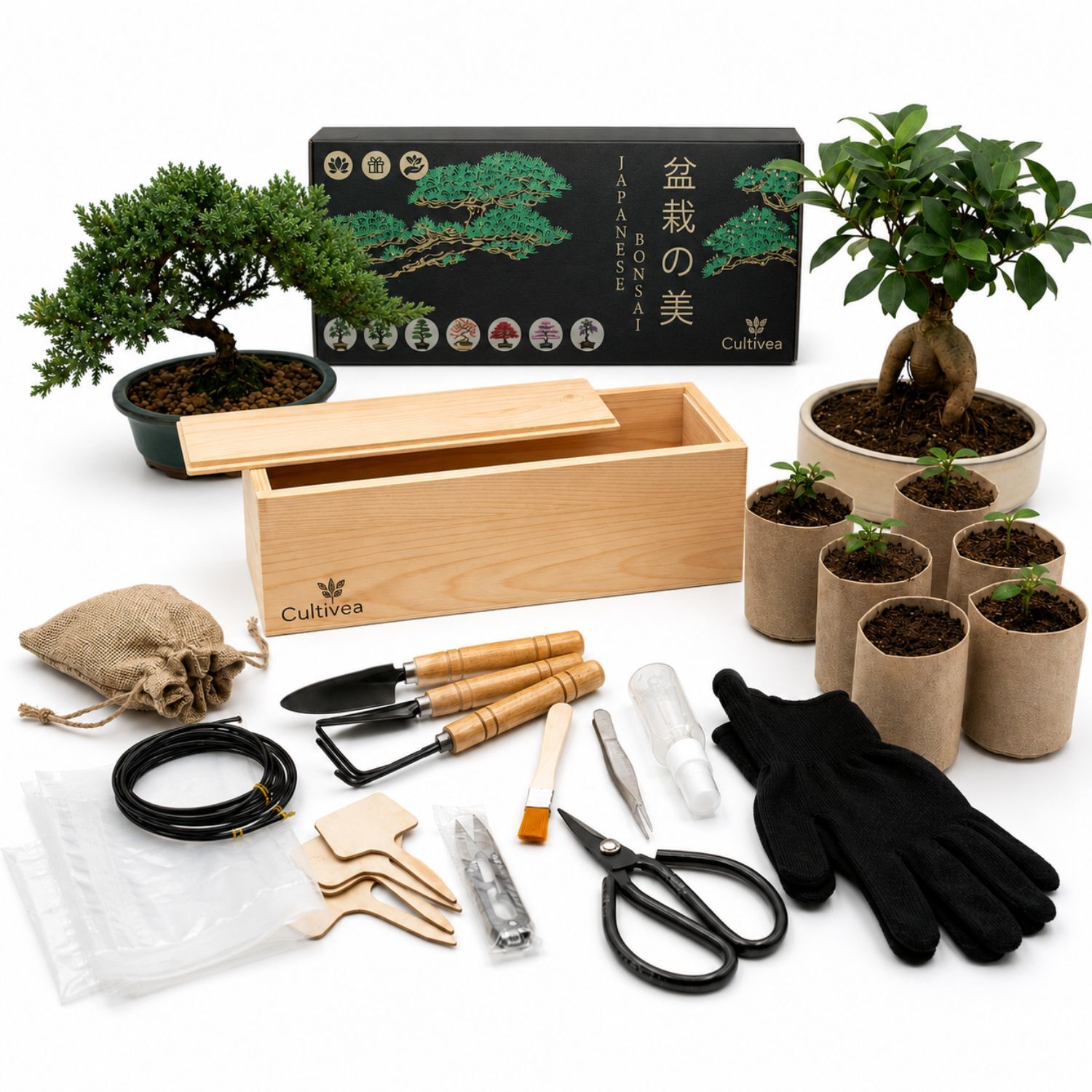 CULTIVEA® Bonsai-Set – Bauen Sie Ihren eigenen Bonsai mit Samen, Töpfen, Torf, Werkzeug und Anleitung – Ideal für Zimmerpflanzen und als Geschenk für Gartenliebhaber