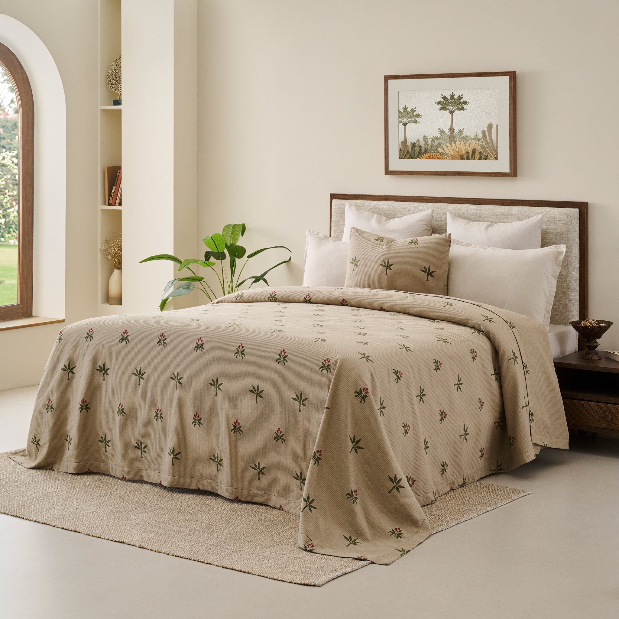 Bed Cover | Cotton Ribbed Tropical Print | Set of 2, King & Queen Sizes