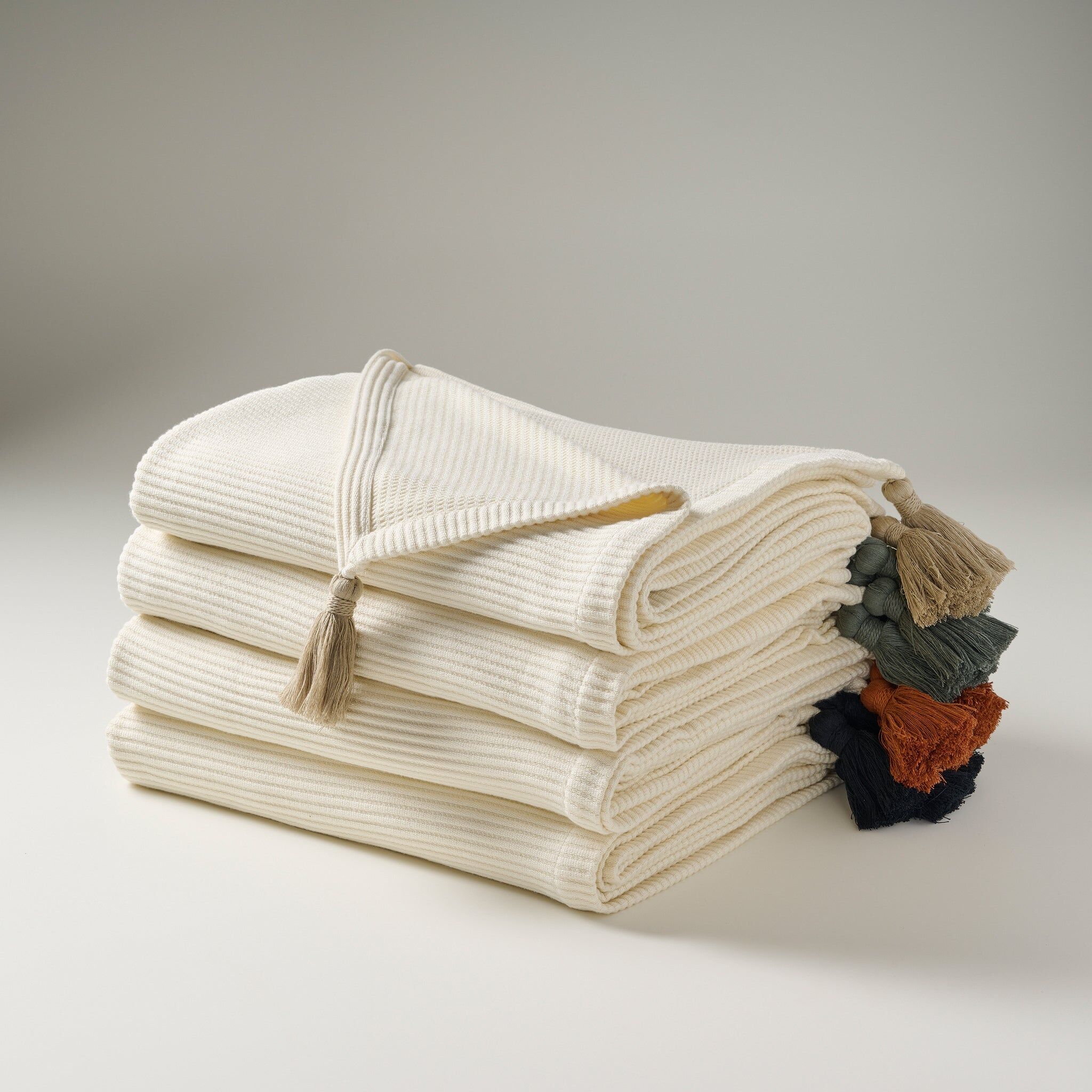 Throw Blanket | Cotton Bamboo Rib Tassels | Cream