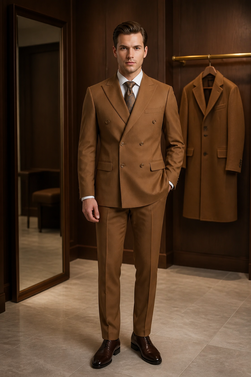 Men’s Slim-Fit Double-Breasted Wool-Blend Suit – Cognac Brown