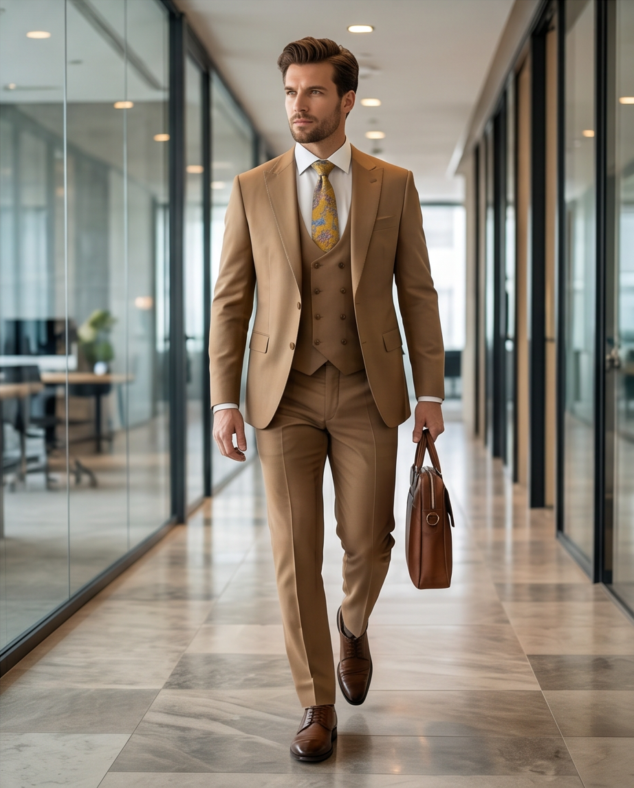 The Executive Slim-Fit 3-Piece Suit – Camel Wool Blend