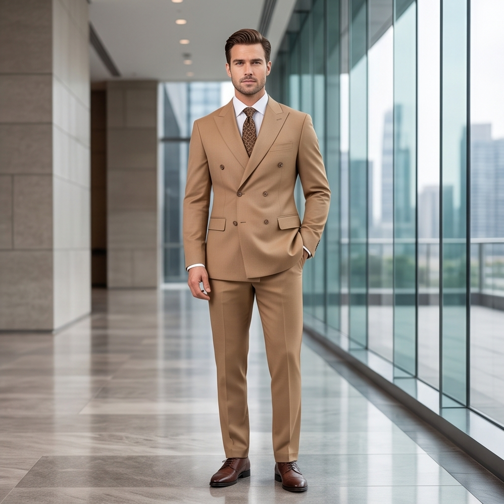 The Sovereign Double-Breasted Slim-Fit Suit – Camel Wool Blend