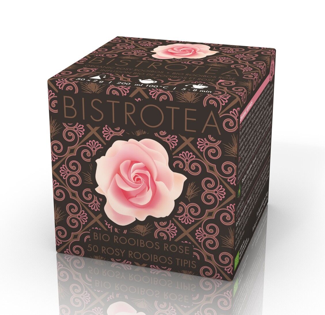 Boite de 50 tipis d'infusion au rooibos et à la rose Bio en sachets cristal biodégradables et compostables