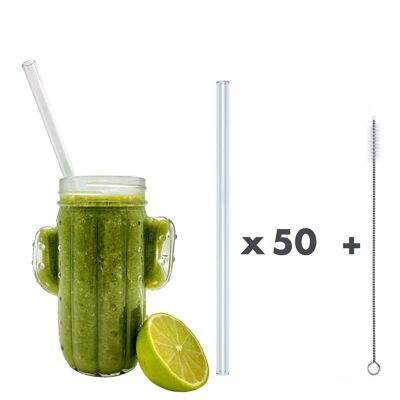 50 clear glass drinking straws "Extra Smoothie" (23 cm / ø 10 mm) + cleaning brush
