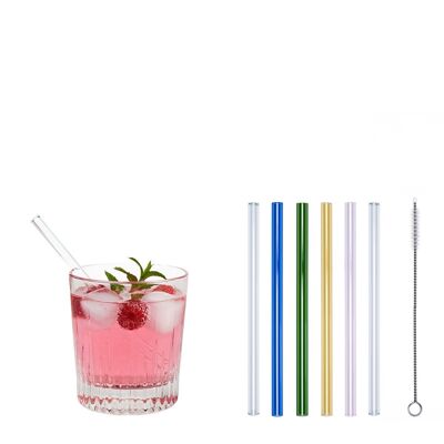4 colored (yellow / blue / pink / green) + 2 clear glass drinking straws "Little Pimpf" (15 cm) + cleaning brush