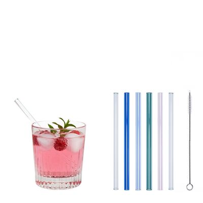4 colored (blue / lavender / blue-green / pink) + 2 clear glass drinking straws "Little Pimpf" (15 cm) + cleaning brush