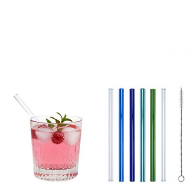 4 colored (blue / cobalt blue / blue green / green) + 2 clear glass drinking straws "Little Pimpf" (15 cm) + cleaning brush