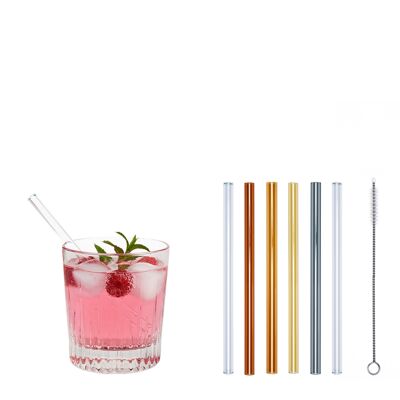 4 colored (Amber / Light Amber / Yellow / Gray) + 2 clear glass drinking straws "Little Pimp" (15 cm) + cleaning brush
