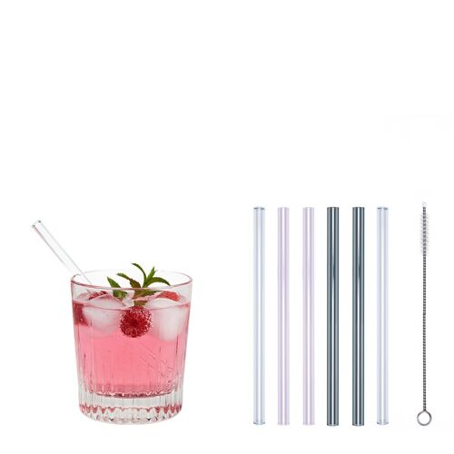4 bunte (2x Rosa/2x Grau) + 2 klare Glastrinkhalme „Kleiner Pimpf“ (15 cm) + Reinigungsbürste