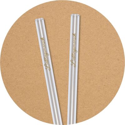 2 clear glass drinking straws (20 cm) with print Favorite man + cleaning brush