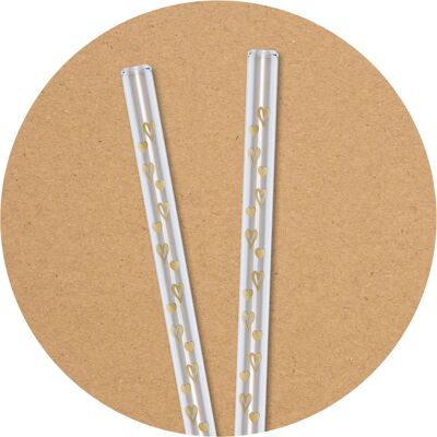2 clear glass drinking straws (20 cm) with pressure hearts + cleaning brush