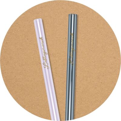 2 colored (pink, gray) glass drinking straws (20 cm) with print Favorite person + cleaning brush