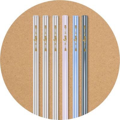 6 colored (pink, lavender, gray, clear) glass drinking straws (20 cm) with print Love + cleaning brush