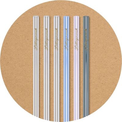 6 colorful (pink, lavender, gray, clear) glass drinking straws (20 cm) with print Favorite person + cleaning brush