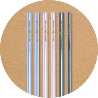6 colored (pink, lavender, gray) glass drinking straws (20 cm) with print Love + cleaning brush
