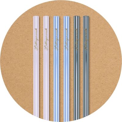 6 colorful (pink, lavender, gray) glass drinking straws (20 cm) with print Favorite person + cleaning brush