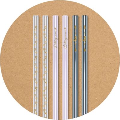 6 colorful (pink, gray, clear) glass drinking straws (20 cm) with print Favorite man / Hearts / Love + cleaning brush