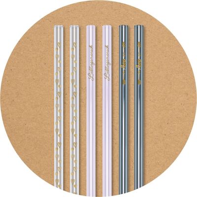 6 pajitas de vidrio de colores (rosa, gris, transparente) (20 cm) con estampado Hombre favorito / Corazones / Amor + cepillo de limpieza