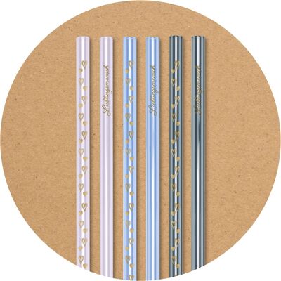 6 pailles en verre colorées (rose, lavande, gris) (20 cm) avec impression personne préférée / cœurs + brosse de nettoyage